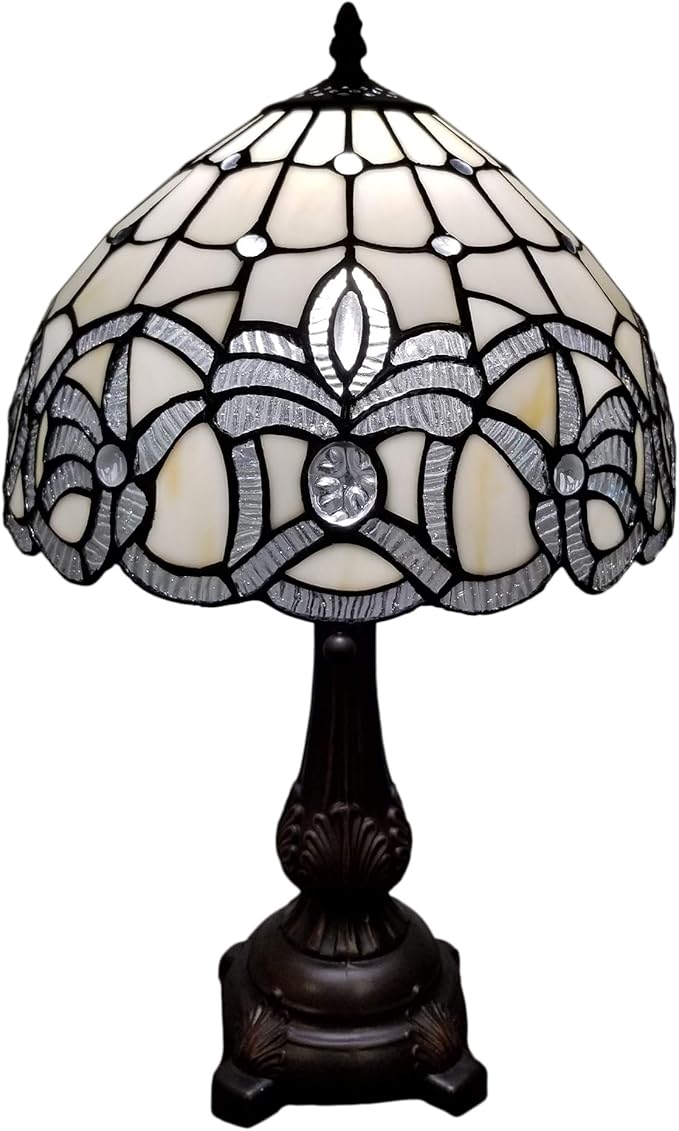 Tiffany Style Table Lamp Banker 19" Tall Stained Glass White Mahogany Elegant Floral Vintage Antique Light Décor Living Room Nightstand Bedroom Handmade Gift AM281TL12B Amora Lighting