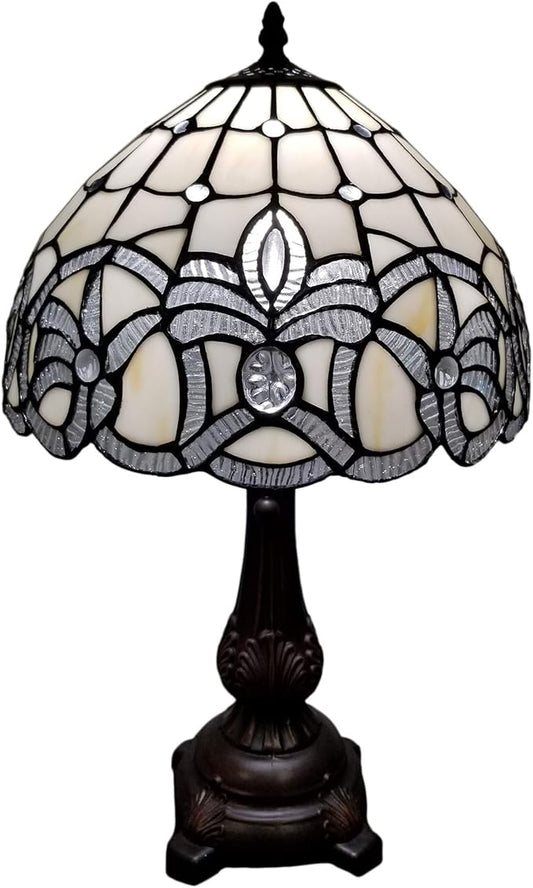 Tiffany Style Table Lamp Banker 19" Tall Stained Glass White Mahogany Elegant Floral Vintage Antique Light Décor Living Room Nightstand Bedroom Handmade Gift AM281TL12B Amora Lighting
