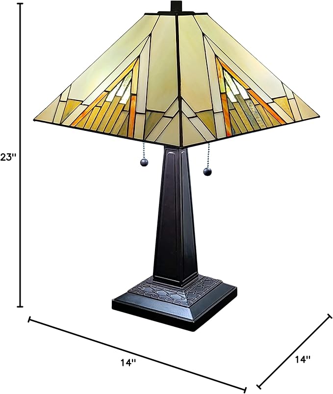 Tiffany Style Table Lamp Banker Mission 23" Tall Stained Glass Tan Brown Vintage Antique Light Décor Night Stand Living Room Bedroom Handmade Gift AM348TL14 Amora Lighting