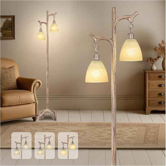 68" Farmhouse Floor Lamp with Glass Shade for Living Room, Vintage Standing Lamp for Bedroom, Rustic Floor Lamp Stepless Dimmable Tree Trunk Tall Lamp for Home Room Office Decor (Bulb Included)