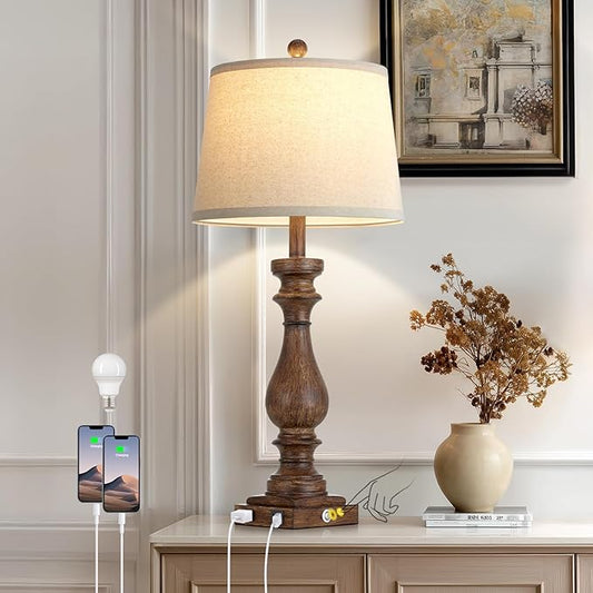 Cinkeda 29" Tall Farmhouse Table Lamp for Living Room,Vintage Retro Nightstand Lamps with USB C+A Ports & AC Outlet,3-Way Dimmable Touch Bedside Lamp for Bedroom Side Table,Single Brown