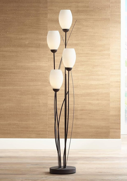 Franklin Iron Works Jareth Modern Tree Floor Lamp Standing with USB Charging Port 4-Light 73" Tall Ginger Black Metal White Glass Tulip for Cottage Core Living Room Reading House Bedroom Home Office