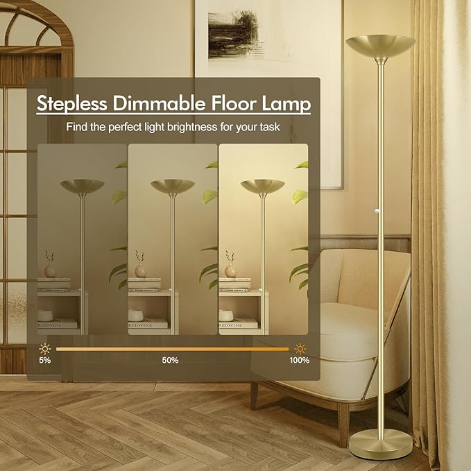 30W Torchiere Floor Lamp Gold, 3600LM Bright Stepless Dimmable Floor Lamp, 71 Inch LED Standing Lamp 3000K, Rotary Switch, I Inch Thick Pole, Tall Metal Torch Floor lamps for Living Room/Bedroom/Den - Aura Lighting
