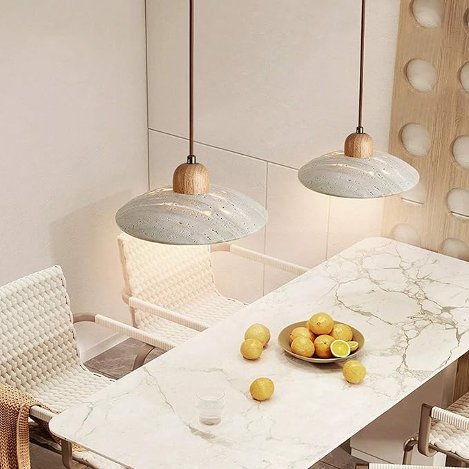 Wabi Sabi Pendant Light Natural Stone Retro Japanese Style Yellow Travertine Pendant Lighting Vintage Wood Hanging Light Fixture Adjustable Height For Bedroom, Kitchen Island, Dining Room