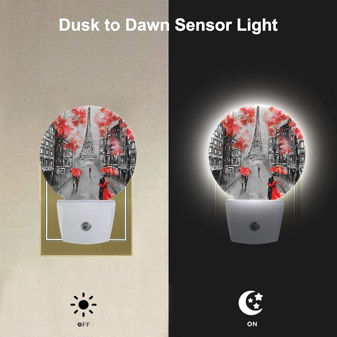 EKOBLA Paris LED Night Light Eiffel Tower Red Umbrella Couple Lovers Kiss France Street Plug-in Nightlights Home Auto Sensor LED Dusk to Dawn Light for Bedroom Bathroom Kitchen Corridor