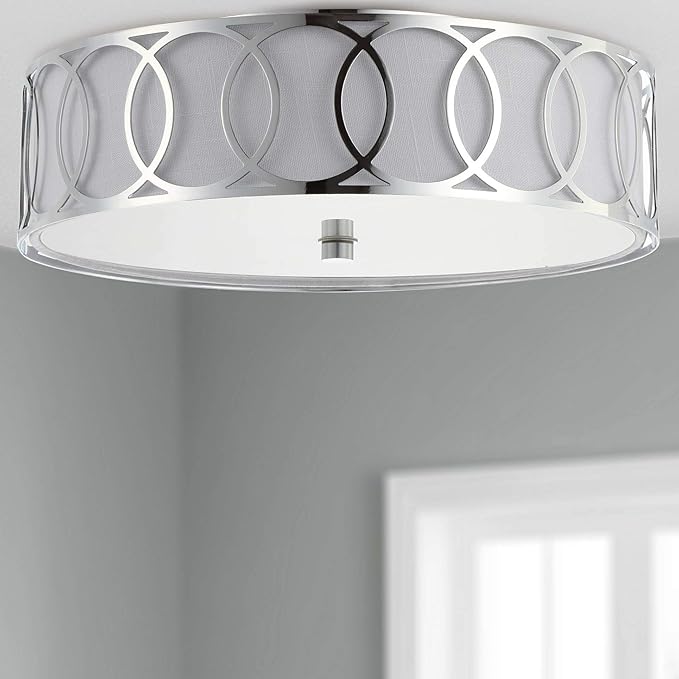 JONATHAN Y 12.25" Chrome Modern Metal LED Flush Mount Ceiling Light for Bedroom Hallway, White Linen Drum Shade with Geometric Fretwork, LED Bulbs Included (JYL3503B)
