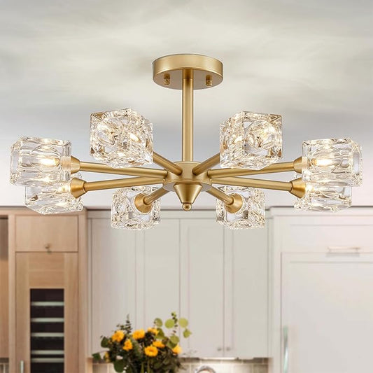 XINGQI Semi Flush Mount Ceiling Light Fixture Modern Sputnik Chandeliers 8 Lights Gold Chandelier, Fashion Lighting for Bedroom Dining Room Farmhouse Kitchen Office - Aura Lighting