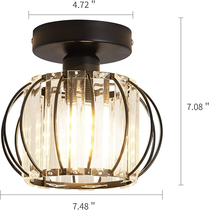 YYJLX Semi Flush Mount Ceiling Light Fixture Antique Small Crystal Chandelier Indoor Lighting for Bathroom Hallway Cafe Bar Porch Hall（Black）