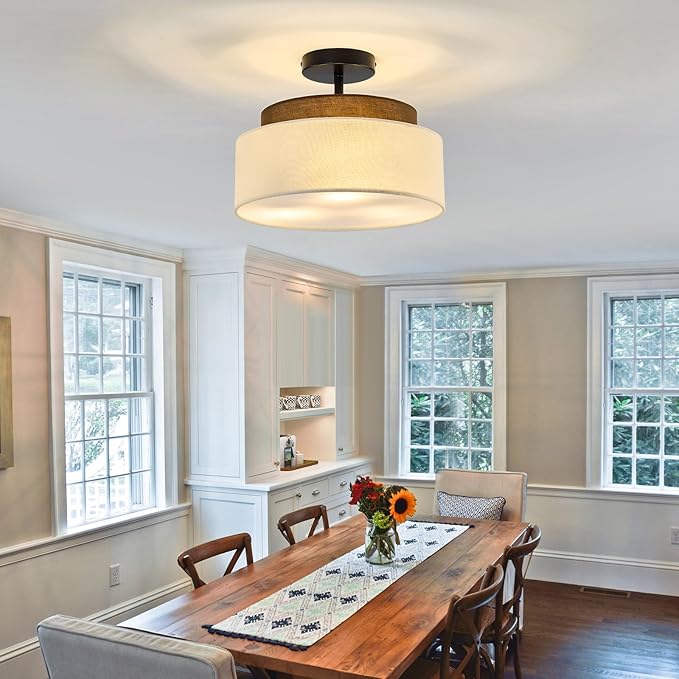 13" Double Drum 3-Light Semi Flush Mount Ceiling Light Fixture Farmhouse Fabric Chandelier with Linen Shade Rustic Black Ceiling Lamp for Bedroom Kitchen Dining Room Hallway Entryway - Aura Lighting