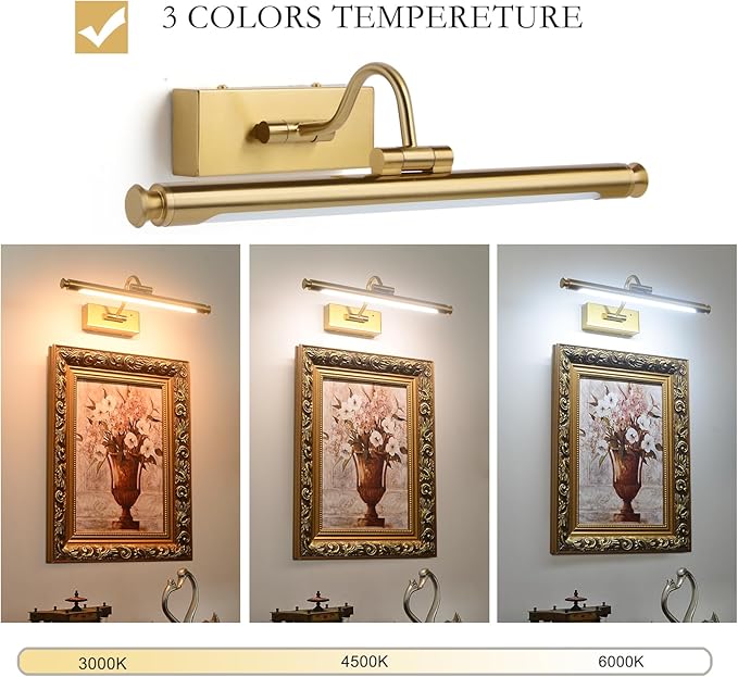 Wireless 15.7in Gold Brass Picture Light – Rechargeable LED Wall Art Lamp with Remote Control, Timer, Adjustable Arm, 3 Color Temperatures & Stepless Dimming, for Living Room and Gallery Lighting