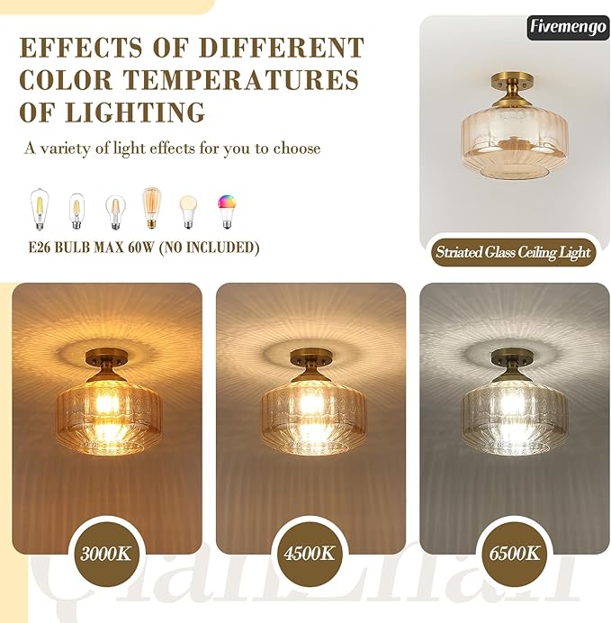 11.8in Semi Flush Mount Ceiling Light Fixture, Vintage Striated Glass Kitchen Lighting Fixtures Ceiling Mount for Entryway Hallway Bedroom Dining Room Bathroom Foyer Laundry (Amber)