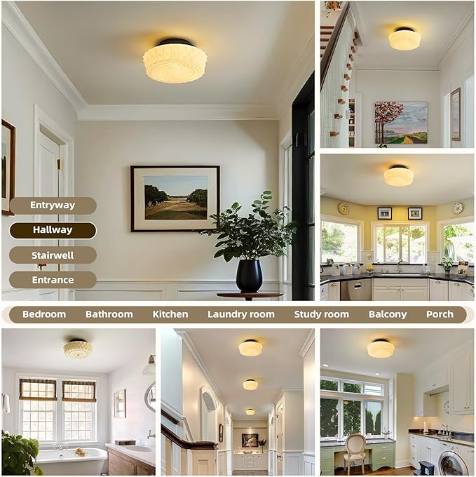 Schoolhouse Vintage Glass Ceiling Light - Small 12 Inch Cream Yellow Mid Century Modern Flush Mount Lighting Fixtures - Art Deco Lamp for Bedroom Kitchen Entryway Laundry Hallway Foyer Bathroom Hall - Aura Lighting