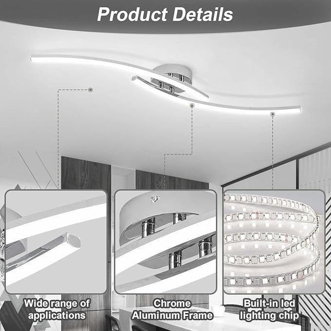 31.4Inch Modern LED Ceiling Light 22W Chrome Linear Ceiling Light Fixture 6000K Aluminum Long Flush Mount Ceiling Lights Fixture Lamp for Bedroom Hallway Kitchen Bathroom - Aura Lighting
