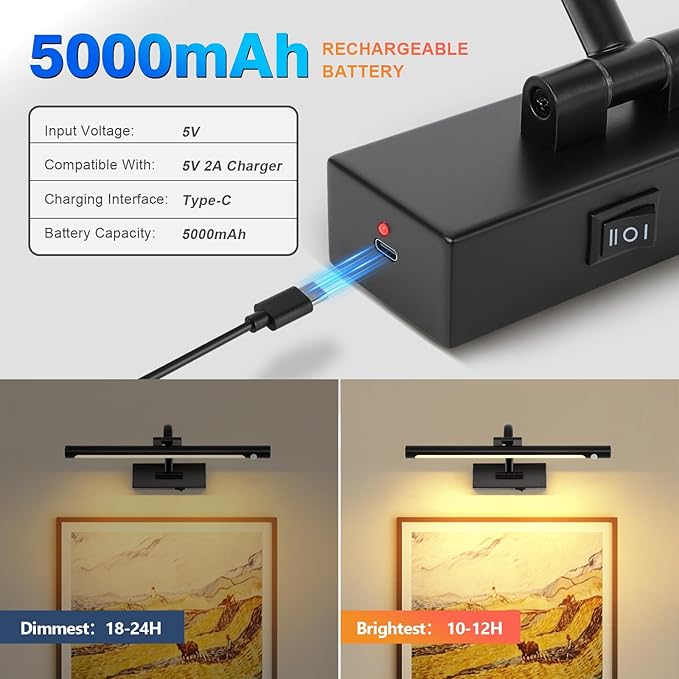 Wireless Picture Lights Battery Operated, Motion Sensor Black Art Lights Motion Activated Gallery Lighting Auto-Off Painting Lights for Portraits 16 Inch 3W Warm White