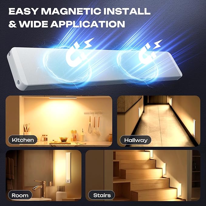 Under Cabinet Lighting Wireless 2200maAh Rechargeable LED Motion Sensor Magnetic Light Indoor Closet Lights for Kitchen, Stairs (Warm White, 10 Inch, 5P-WW)