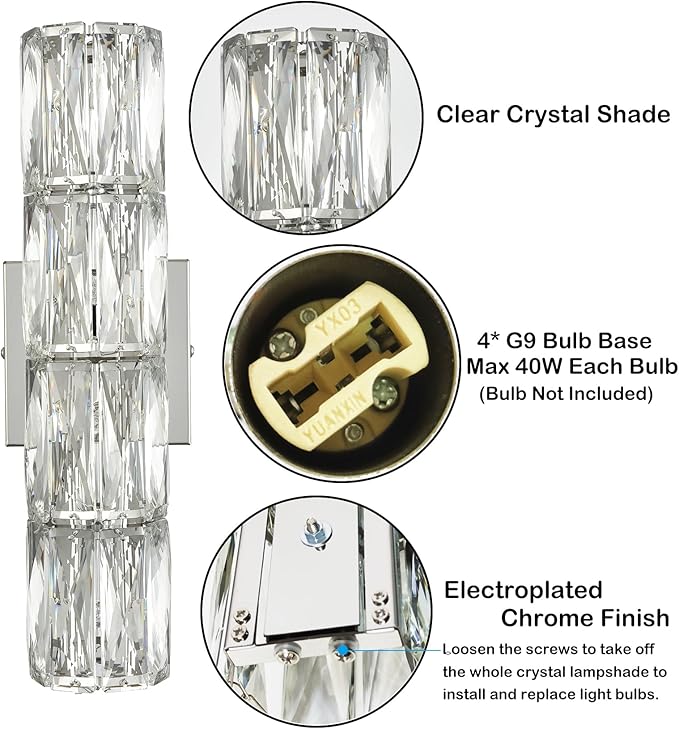 SAMTEEN Chrome Crystal Wall Sconce Modern 4-Light Crystal Sconces Wall Lighting Tube Shape Glass Wall Light Fixture for Bedroom Living Room Hallway Kitchen Bathroom Vanity Light - Aura Lighting
