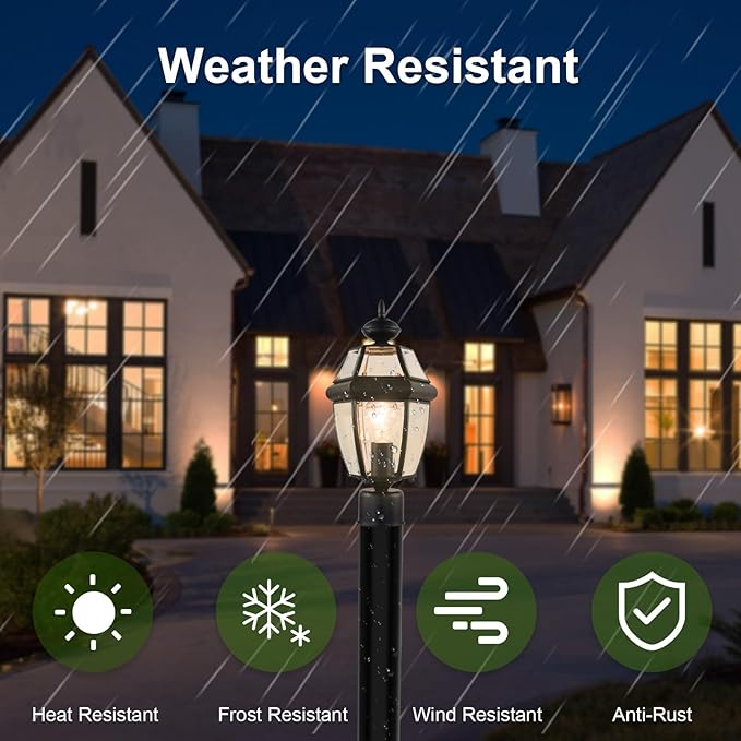Kalium Outdoor Post Lights, 15" Lamp Post Light Fixture Waterproof Aluminum Housing with Glass, E26 Base Matte Black Lamp Posts Outdoor Lighting for Garden Patio Pathway Walkway （Pole not Included）