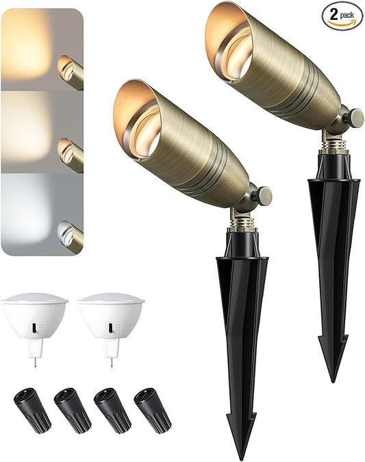 EDISHINE Solid Brass Outdoor Landscape Spotlights, 3CCT MR16 Bulb Included, 12V LED Low Voltage Landscape Lighting, Bronze Heavy Duty Waterproof Spot Lights for Yard Garden Lawn Tree, 2 Pack - Aura Lighting