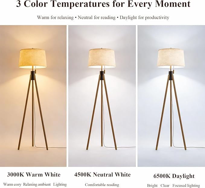 Mid Century Modern Tripod Floor Lamp, Gold Accented Two-Tone Solid Wood Floor Lamp with Black-Finished Solid Wood Center, Linen Shade & Pull Chain, Tall Lamp for Living Room Bedroom Reading Corner