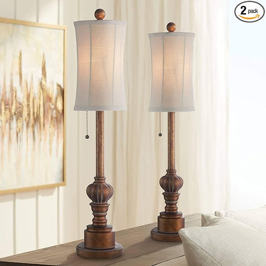 Regency Hill Bertie Traditional Natural Cottage Buffet Table Lamps 28" Tall Skinny Set of 2 Warm Brown Wood Tone Fabric Drum Shade Decor for Living Room Bedroom House Bedside Nightstand Home