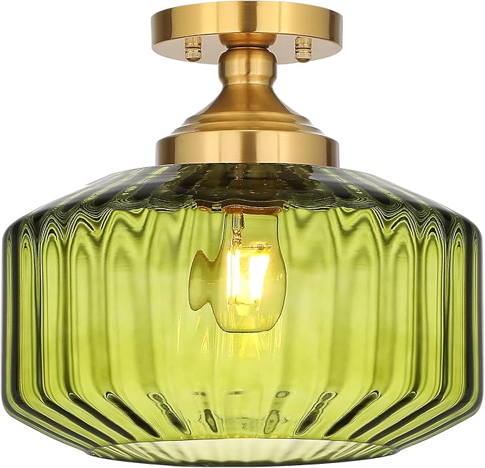 11.8in Semi Flush Mount Ceiling Light Fixture, Vintage Striated Glass Kitchen Lighting Fixtures Ceiling Mount for Entryway Hallway Bedroom Dining Room Bathroom Foyer Laundry (Green)