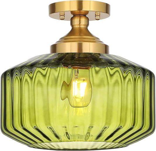 11.8in Semi Flush Mount Ceiling Light Fixture, Vintage Striated Glass Kitchen Lighting Fixtures Ceiling Mount for Entryway Hallway Bedroom Dining Room Bathroom Foyer Laundry (Green)