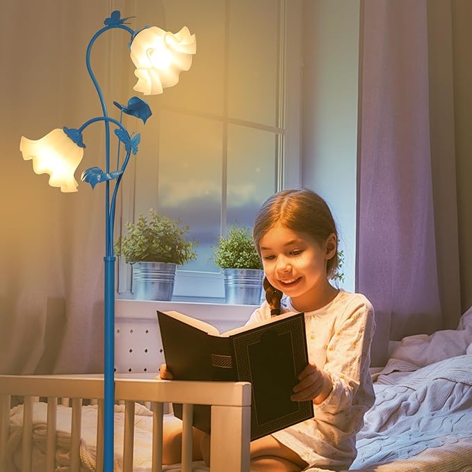HMVPL Blue Floor Lamp for Living Room, Flower Standing Lamp with 2 LED 5W Blubs, Foot Switch, Floral Tall Lamp with Acrylic Shade, Antique Lotus Flower Floor Lamp for Living Room Office Reading - Aura Lighting