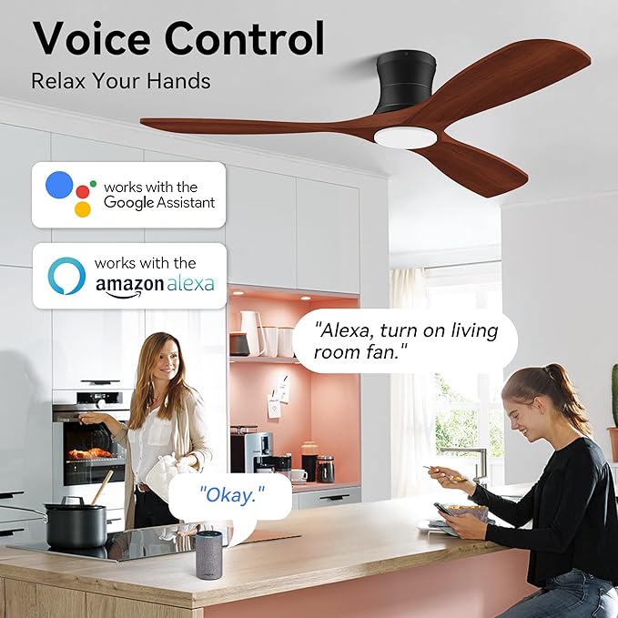 52” Smart Low Profile Ceiling Fans with Lights Remote,3 Wood blade,Quiet DC Motor,Outdoor Indoor Flush Mount Ceiling Fan,Voice Control via WIFI Alexa App,Modern Lighting& Ceiling fan for Bedroom Patio - Aura Lighting