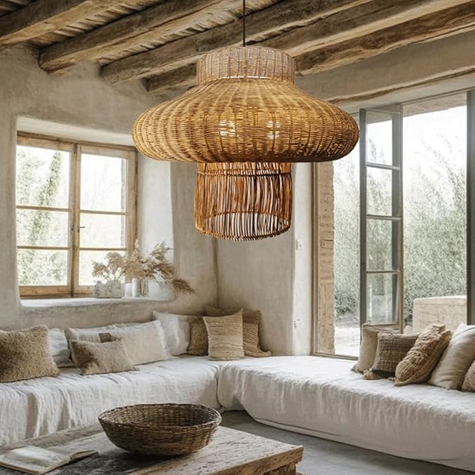 Lantern Shape Rattan Pendant Light, Handwoven Wicker Chandelier,Natural Plant Rattan Hanging Lamp,Japanese Wabi-Sabi Chinese Zen Southeast Asian Fixture,for Living Room Tea Room Restaurant