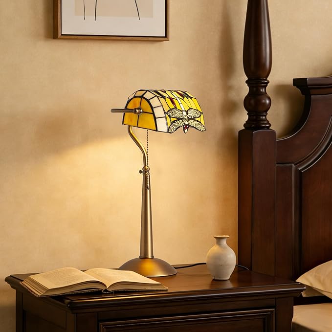 Tiffany Style Dragonfly Bankers Lamp - 18.1" Tall Stained Glass Desk Light with Adjustable Angle & Pull Chain, Vintage Handcrafted Accent Décor for Home Office Bedroom（Yellow）