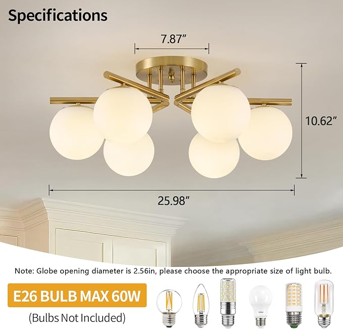 6 Lights Sputnik Ceiling Light Fixture,Semi Flush Mount Ceiling Light Sputnik with Milk Glass Globe, Brushed Brass Chandelier for Living Room, 25.98‘’ Large Mid Century Modern Fixture