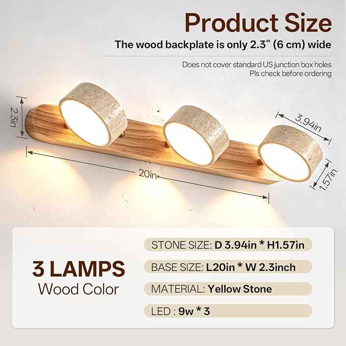 Travertine Vanity Light, 300° Swivel Japandi Ash Wood LED Wall Sconce, Natural Stone Mirror Lighting Fixtures, 20" 3-Light Modern Rustic Wall Lamp for Bathroom & Bedroom (110V)