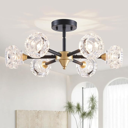 XINGQI Modern Ceiling Light 6 Lights Semi Flush Mount Sputnik Ceiling Light Fixture,Black Gold Chandeliers for Bedroom, Dining Room, Farmhouse Kitchen, Office - Aura Lighting