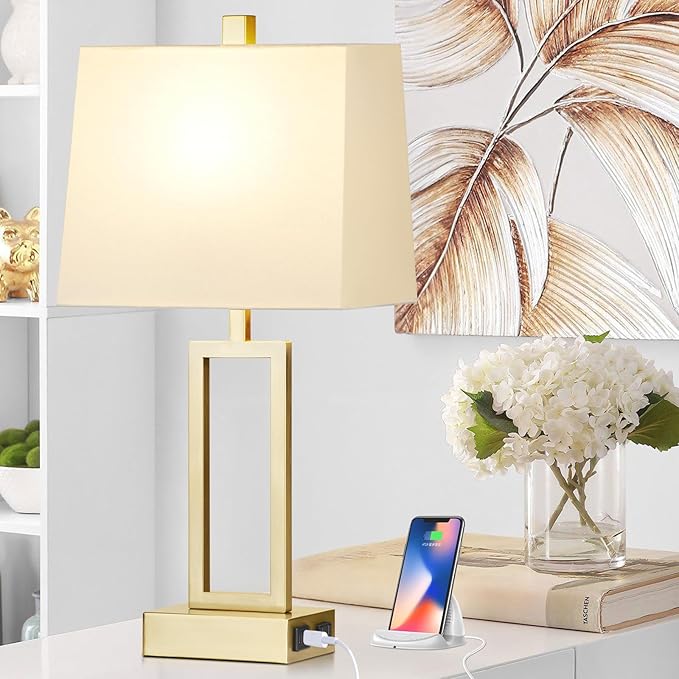 23.5" Touch Control Table Lamps, Metal Bedside Lamp for Bedroom Set of 2 with USB A+C Ports & AC Outlet, 3-Way Dimmable Nightstand Lamp for Living Room (LED Bulb Included) - Aura Lighting