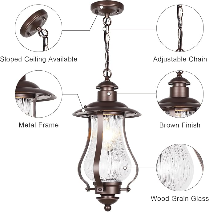 Treekee Outdoor Pendant Light, Vintage Hanging Lantern with Wood Grain Glass, Farmhouse Adjustable Brown Exterior Chandelier Fixture with E26 Socket for Porch, Patio, Entryway, Gazebo - Aura Lighting