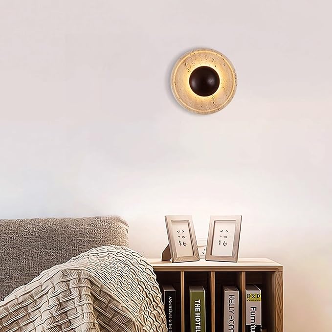Japanese Style Wabi-Sabi Art Lighting Fixture, Yellow Travertine Wall Light with Wood Shade, Round Natural Stone LED Wall Lamp, Vintage Marble Wall Sconce for Bedroom Living Room(Walnut)