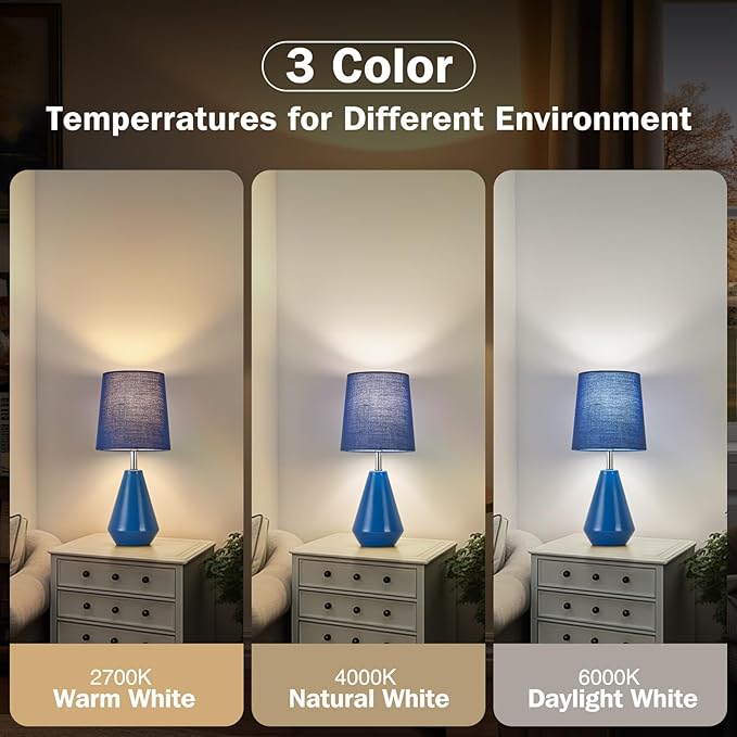 Small Bedside Table Lamp for Bedroom-Reading Desk Lamp Set of 2,with 3 Color Temperatures,15.5" Nightstand Ceramic Lamp with Fabric Shade for Kids Room,Living Room,Dorm,Home Office(Blue)