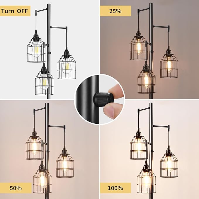 Sucolite 70" Dimmable Floor Lamp for Living Room, Industrial 3-Light Tree Floor Lamp Black with Cages, Farmhouse Rustic Tall Standing Lamp Floor Lighting for Bedroom Office, 3 Free LED Edison Bulbs