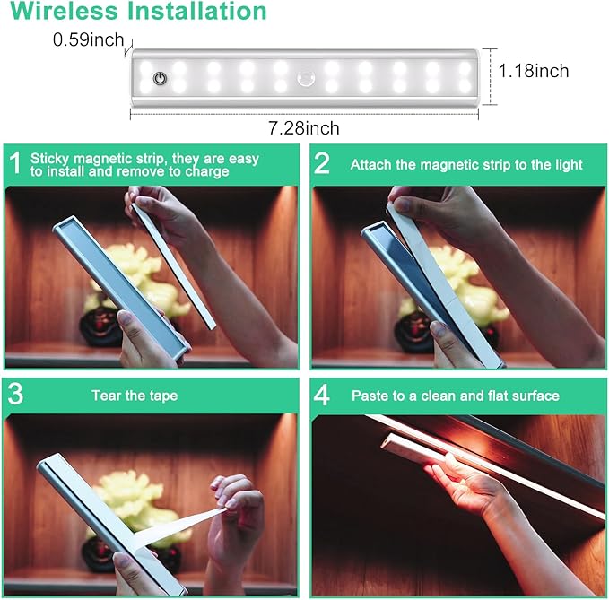 Under Cabinet Lighting Wireless Rechargeable Battery Operated LED Closet Lights Dimmable Under Counter Lights Bar with Remote, RGB Changing Perfect for Kitchen Bedroom Stairs, 4 Packs