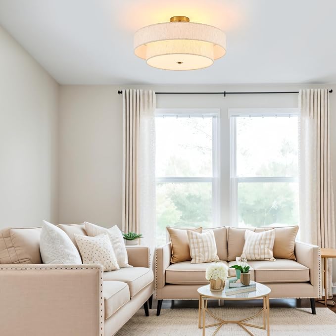 Modern Semi Flush Mount Ceiling Light 21.7" Modern Gold 4-Lights Drum Ceiling Lighting Fixture Vintage Linen Golden Ceiling Lamp for Laundry Room, Kitchen, Living Room, Dining Room, Bedroom
