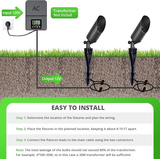 wowlite Landscape Spotlights Outdoor, 12V Low Voltage Landscape Lighting Fixture with 5W MR16 LED Bulb, 2700K Warm White Waterproof Black Aluminum Directional Uplight for Garden Courtyard Pathway - Aura Lighting
