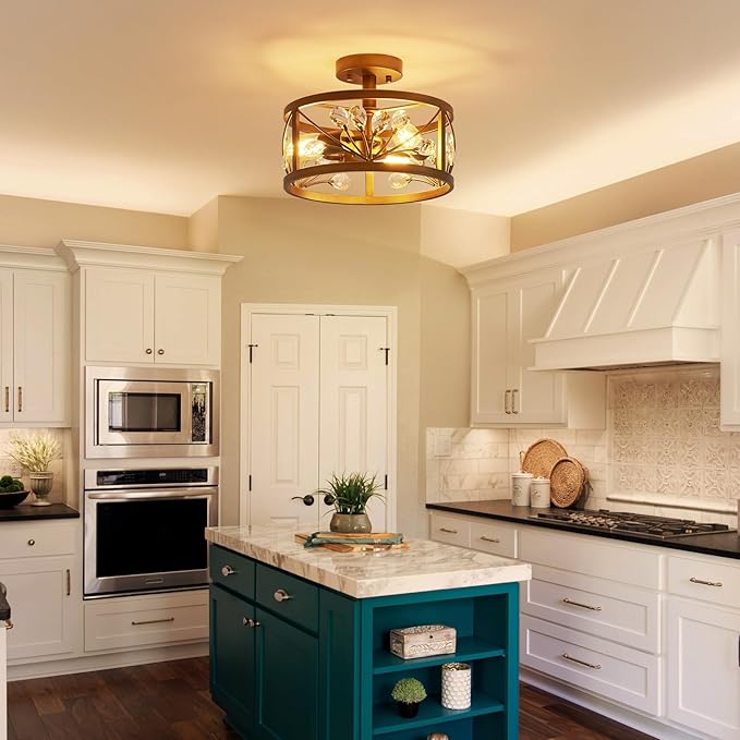 WUZUPS Crystal Leaf Chandelier 3-Light Vintage Farmhouse Industrial Semi-Flush Mount Ceiling Light Modern Lighting Fixture Foyer Hallway Storage Room Kitchen Bathroom, H 8.5" W 12", Oil Rubbed Bronze