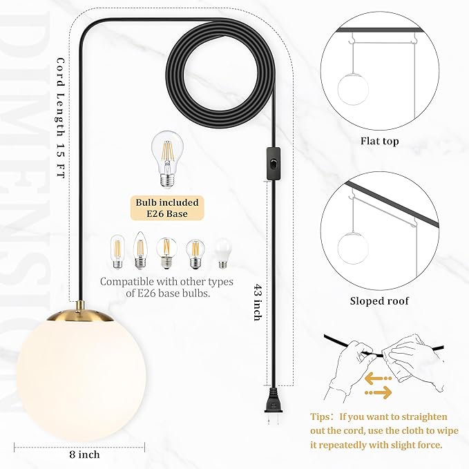 KoKo&Yukina 8" Globe Pendant Light Gold Plug in Pendant Light Adjustable Hanging Lights with Plug in Cord Brushed Gold Finished with Milk Glass Lampshade for Bedroom Kitchen Island（Bulb Included）
