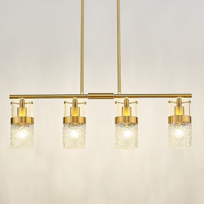 LMS 4-Light Brushed Gold Island Chandelier Lights for Kitchen, Mid Century Pendant Light with Hammered Glass Shade, Farmhouse Dining Room Light Fixture, Kitchen Island, LMS-171GD-4 - Aura Lighting