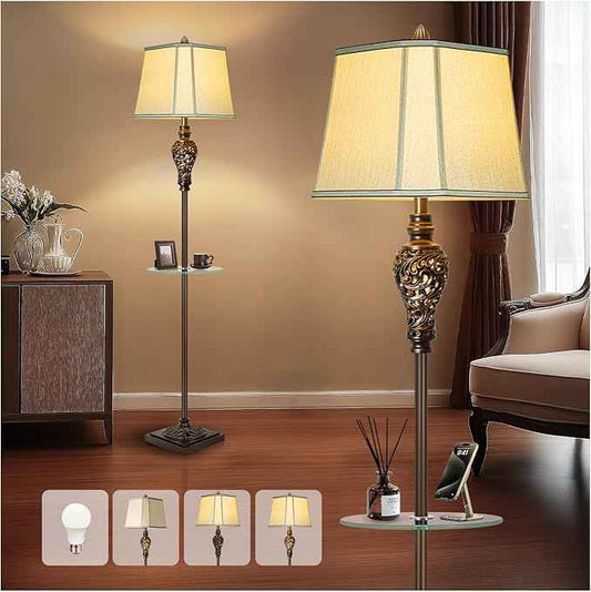 Rustic Floor Lamp for Living Room with Nightlight and Glass Tray, Vintage Standing Lamp with Beige Faux Silk Shade, Farmhouse Tall Lamp for Bedroom Study Home Office Hotel Bar - Brown (Bulb Included)