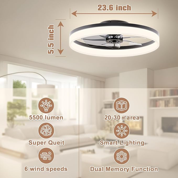 VOLISUN Low Profile Ceiling Fans with Lights and Remote, 23.6in Flush Mount Ceiling Fans with Light, 3000K-6500K Dimmable Fandelier LED Fan Light, Bladeless Ceiling Fan with Lights for Bedroom(Black) - Aura Lighting