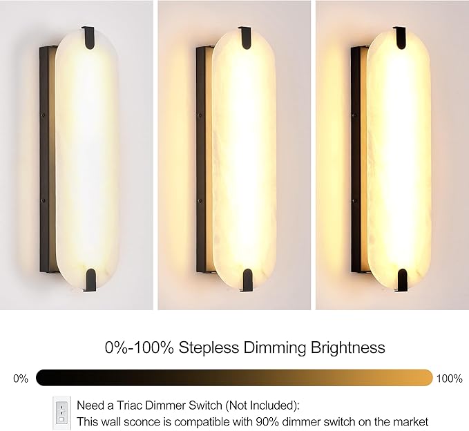ZEROUNO 22.8in Alabaster Wall Sconce, Natural Marble Wall lamp,Dimmable Alabaster Wall Light Fixtures for Stairs Bathroom Living Room Bedroom or Vanity,Hallway(Black