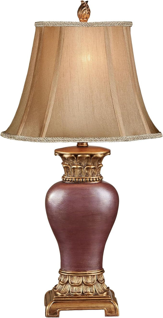 Chapelton Traditional Table Lamp | Finely Handcrafted from Resin | Rich Wine Hue | Metallic Brushed Gold and Antique Gold Accents | Tan Faux Silk Shade | Classically Elegant Tabletop Lighting Design