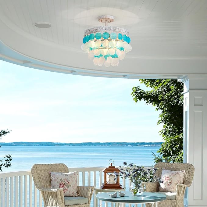 White Blue Capiz Shell Ceiling Light, Capiz Shell Chandeliers for Dining Room, Living Room, Bedroom, Hallway, D12.6'' × H13.4'', 3 * E12 Sockets, White Finish Frame & White Blue Shell - Aura Lighting