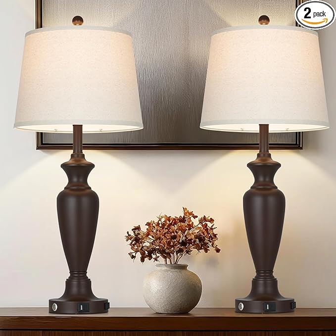 30" Tall Brown Table Lamps Set of 2 for Living Room, Touch Control Bedside Lamps for Bedroom Nightstand, 3-Way Dimmable Farmhouse Lamps with Charging Ports (2 LED Bulbs Included)